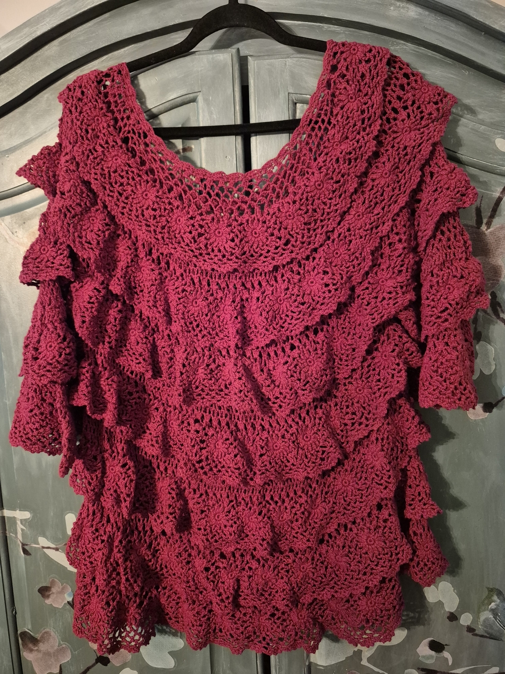 Denim 24/7 Raspberry Crochet Ruffle Tunic